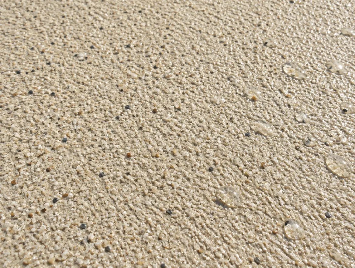 Textured slip-resistant pool deck coating sample in a light sand color
